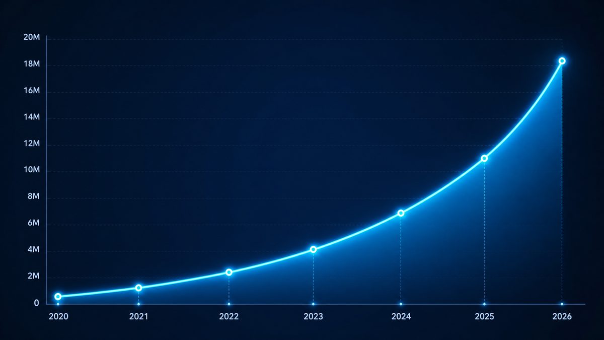 91网浏览器用户增长数据图表,展示2020-2026年注册用户从50万增长至1800万的趋势